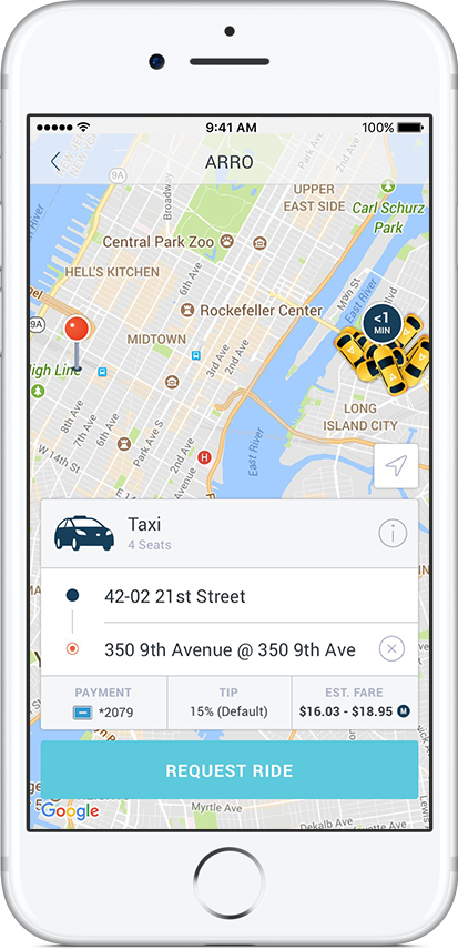 main map w dest on iPhone 7 e-Hail Your Ride with Arro